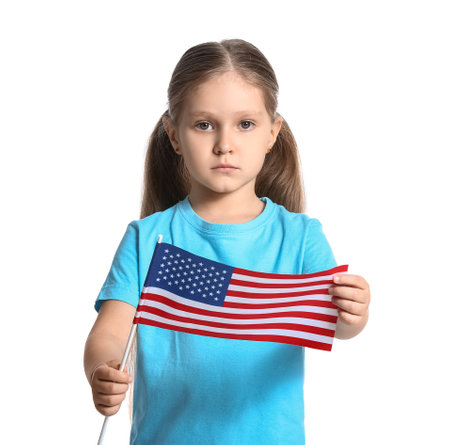 Little girl with USA flag on white backgroundの写真素材