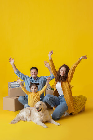 Happy family with dog and belongings on color backgroundの写真素材