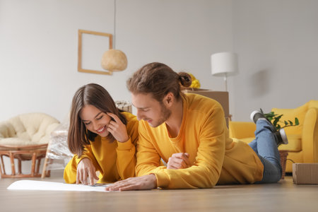 Young couple with house plan in their new house on moving dayの写真素材