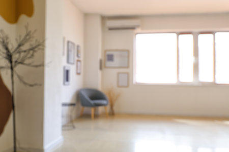 Interior of modern art gallery, blurred viewの写真素材