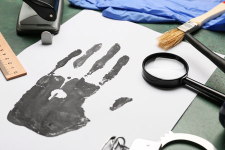 Paper sheet with palm print and FBI agent's accessories on color background, closeup