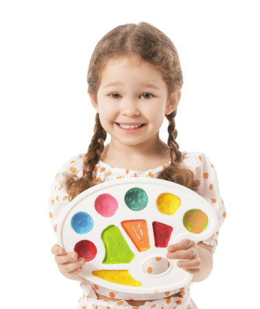 Cute little artist on white backgroundの写真素材