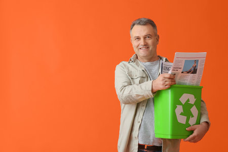 Mature man with newspapers in trash bin on color background. Recycling conceptの写真素材