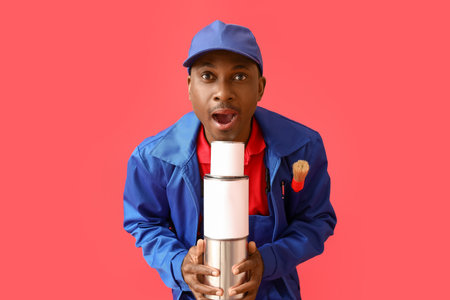 African-American decorator with paint cans on color backgroundの写真素材