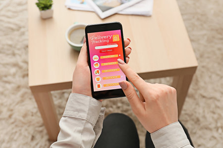 Woman using mobile phone with open page of delivery service application at home, closeup