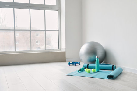 Set of sports equipment with fitness ball near light wallの写真素材