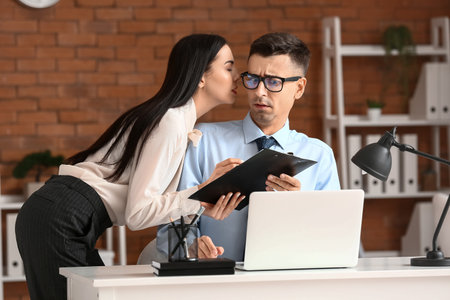 Beautiful young secretary seducing her boss in office. concept of harassmentの写真素材