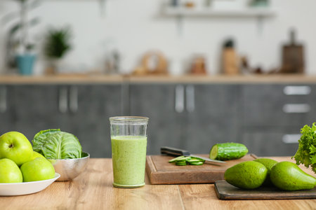 Glass of healthy smoothie and ingredients on kitchen table, closeupの写真素材
