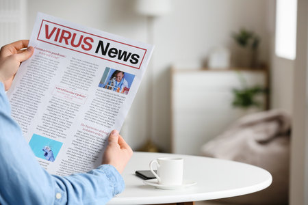 Young man reading newspaper at home, closeup