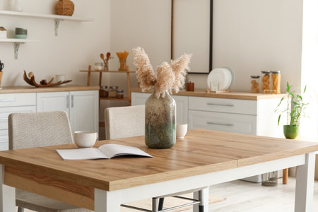 Table with cups, notebook and vase in modern kitchenの写真素材
