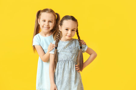 Cute little sisters on color backgroundの写真素材