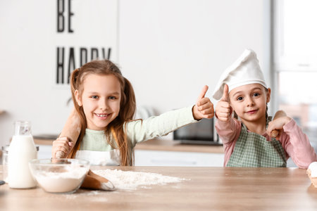 Cute little sisters showing thumb-up in the kitchenの写真素材