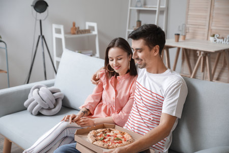 Young couple eating tasty pizza at homeの写真素材