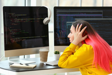 Female programmer working with computer in officeの写真素材