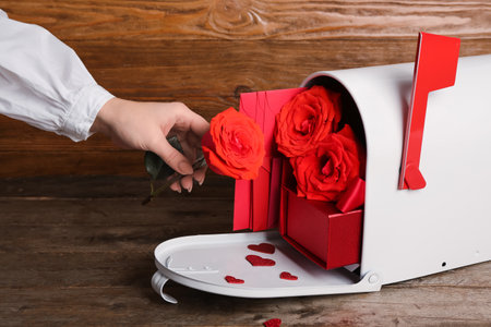 Woman with rose, mailbox and letters on wooden background. Valentine's Day celebrationの写真素材