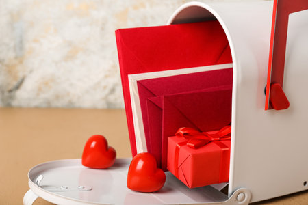 Mailbox with letters, gift and hearts on table near grunge wall. Valentine's Day celebration