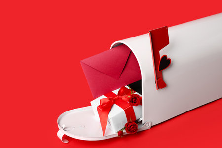 Mailbox with letter, roses and gift on red background. Valentine's Day celebration