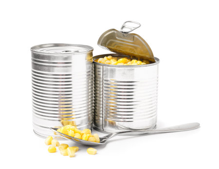 Tin cans with corn isolated on white backgroundの写真素材