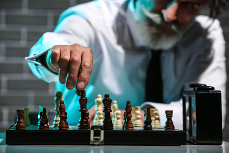 Senior man playing chess at table, closeupの写真素材