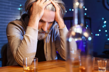 Drunk senior man sitting at table in barの写真素材
