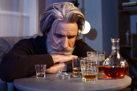Drunk senior man late in the evening at home
