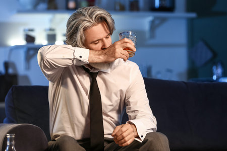 Senior man drinking alcohol late in the evening at homeの写真素材
