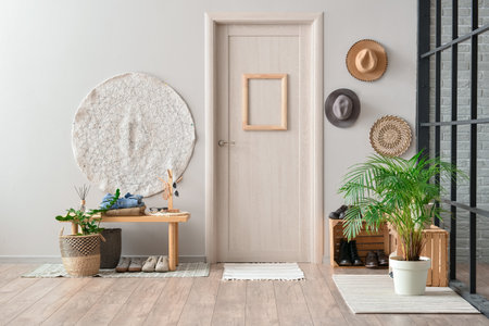 Interior of stylish hallway with soft rugの写真素材