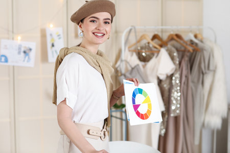 Young female clothes stylist in modern studioの写真素材