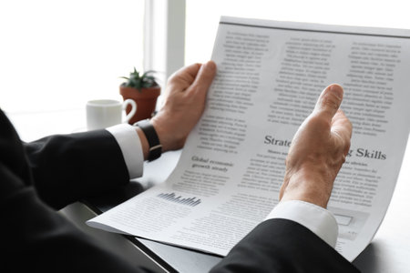 Mature businessman reading newspaper in office, closeup