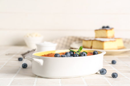Delicious cheese pie with fresh blueberry in baking form on white tile tableの写真素材