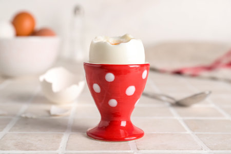 Cup with soft boiled egg on tableの写真素材