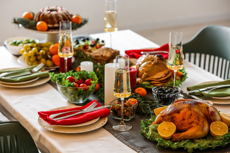 Different tasty dishes for Christmas dinner on tableの写真素材