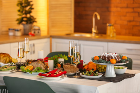Different tasty dishes for Christmas dinner on tableの写真素材