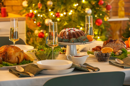 Different tasty dishes for Christmas dinner on tableの写真素材