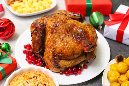 Baked chicken for Christmas dinner on table