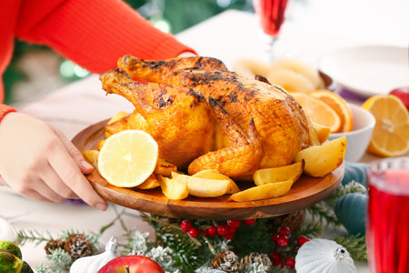 Woman with stand of Christmas chicken at table in dining room, closeupの写真素材