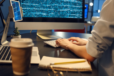 Female programmer working with computer in office at nightの写真素材