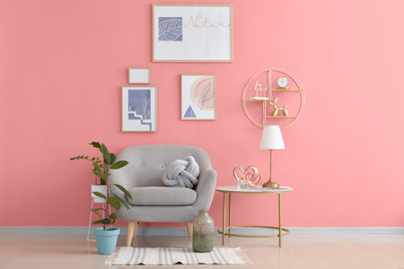 Interior of stylish living room with picturesの写真素材