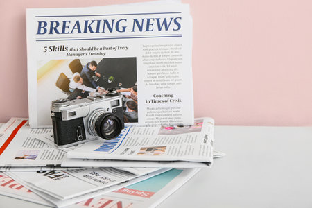 Newspapers with photo camera on table near color wallの写真素材