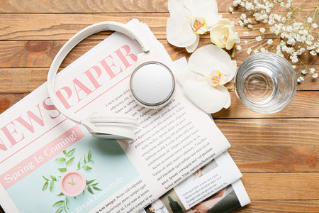 Composition with newspapers and headphones on wooden backgroundの写真素材