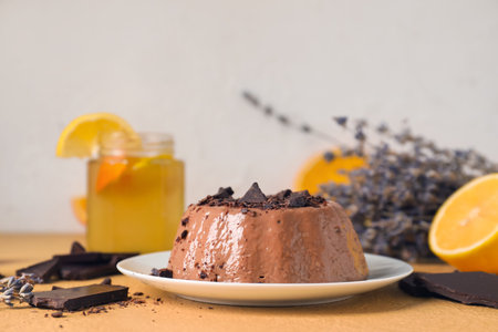Plate with delicious pudding, chocolate and lemonade on beige table near gray wallの写真素材