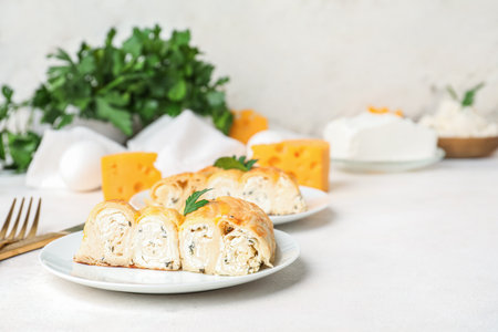 Plate with piece of delicious cheese pie and parsley leaf on white tableの写真素材
