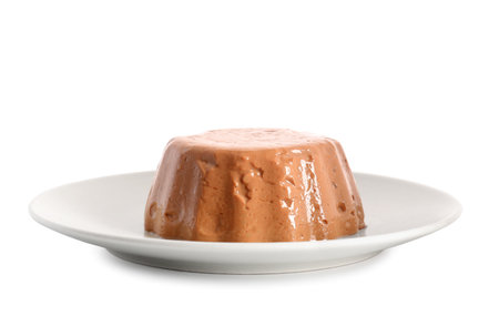 Delicious chocolate pudding on plate isolated on white backgroundの写真素材