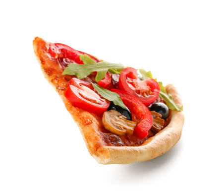 Slice of tasty pizza with sausage, olives and tomatoes on white backgroundの写真素材