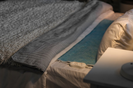 Electric heating pad with controller on bed in dark room, closeupの写真素材