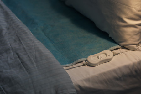 Electric heating pad with controller on bed in dark room, closeupの写真素材
