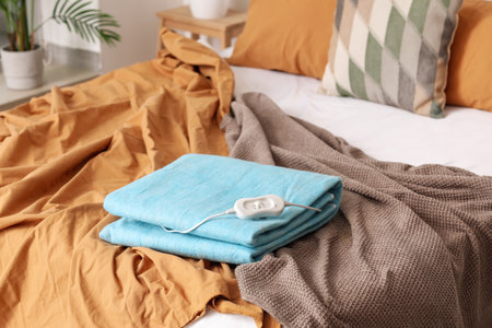 Folded electric heating pad with controller on bed in room, closeupの写真素材