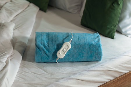 Folded electric heating pad with controller on bed at night, closeupの写真素材