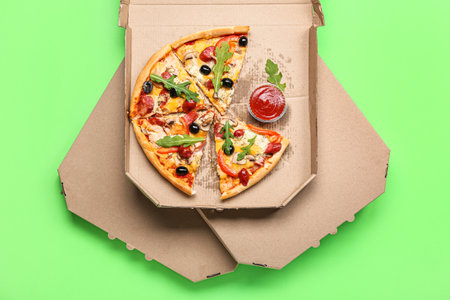 Stack of cardboard boxes with tasty pizza and sauce on green background