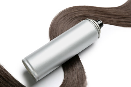 Hair spray with strand on white background, closeupの写真素材